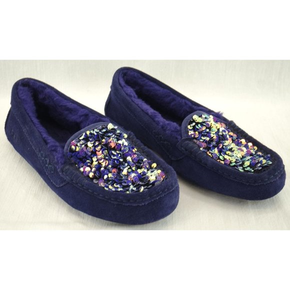 EUC UGG Ansley Stellar Sequin Suede Slip-on Slippers | Moccasin, Navy, Sz. 6 - Picture 3 of 8